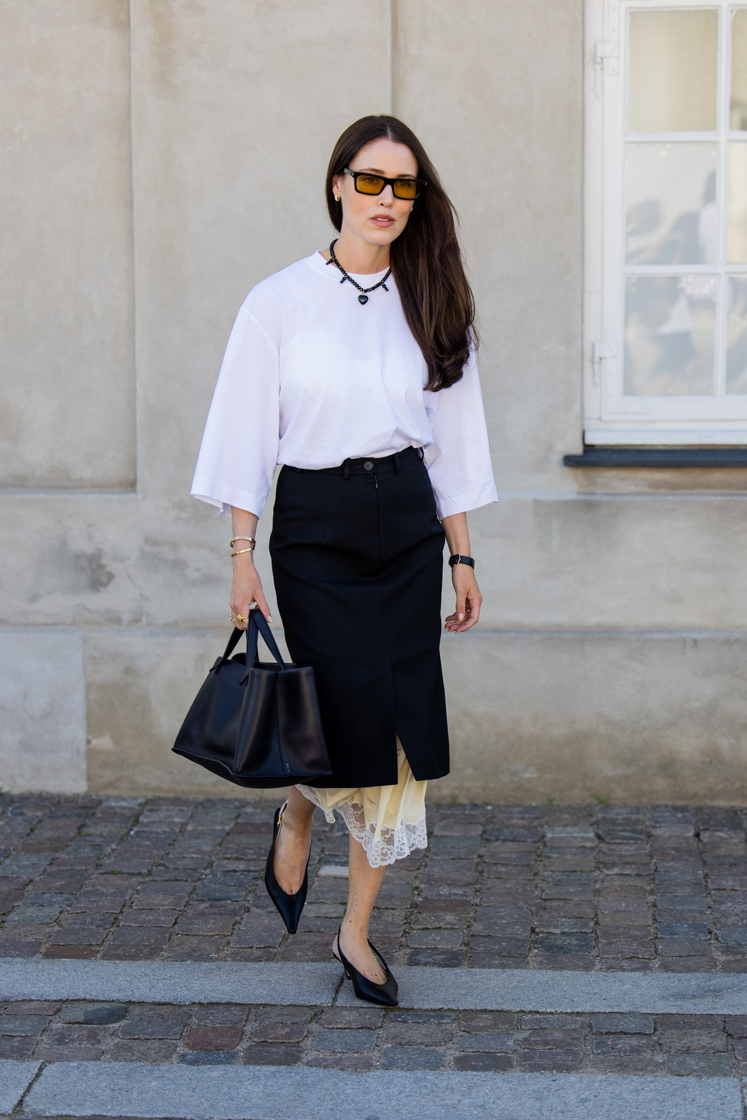 Oversized Tee Meets Lace-Trimmed Midi Skirt for Effortless Style — Slip Skirt Outfits 2027