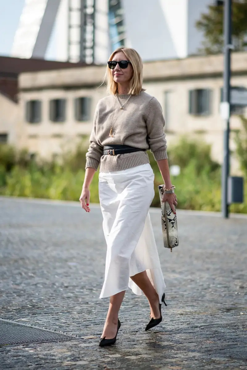Tucked-In Sweater and White Slip Skirt with Black Belt for Refined Casual — Slip Skirt Outfits 2027