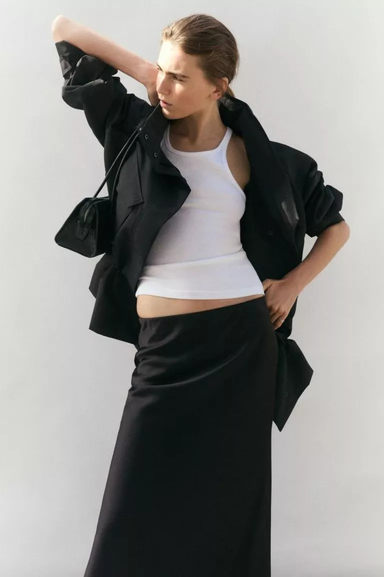 Monochromatic Black and White: Tank Top, Oversized Jacket, and Slip Skirt — Slip Skirt Outfits 2027