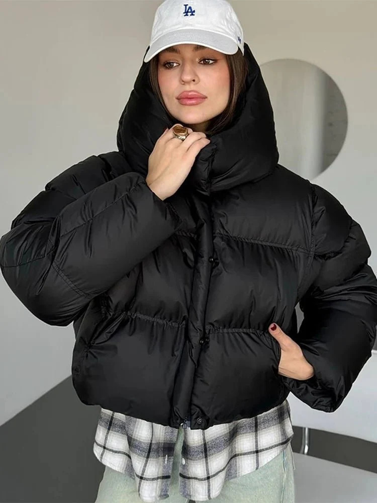 Oversized Comfort: Black Puffer with Collared Shirt and Cap Oversized Comfort: Black Puffer with Collared Shirt and Cap — Cropped Puffer Outfits 2027