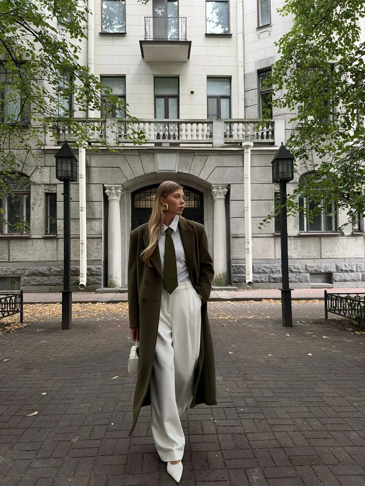 Khaki Overcoat with Striped Tie and White Pumps Khaki Overcoat with Striped Tie and White Pumps — Winter Casual Outfits 2027