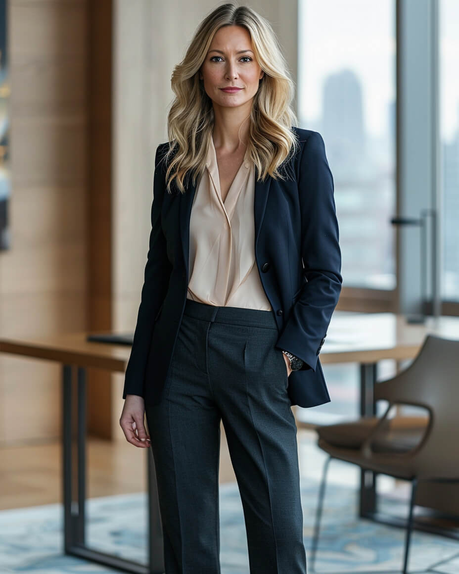 Navy Blazer with Beige Blouse and Grey Trousers: Classic Office Sophistication Navy Blazer with Beige Blouse and Grey Trousers: Classic Office Sophistication — Business Professional Outfits 2027