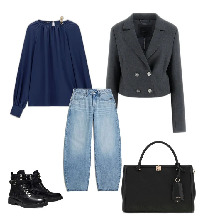 Smart Casual Blend: Navy Blouse, Grey Blazer, and Wide-Leg Jeans Smart Casual Blend: Navy Blouse, Grey Blazer, and Wide-Leg Jeans — Bid Day Outfits 2027