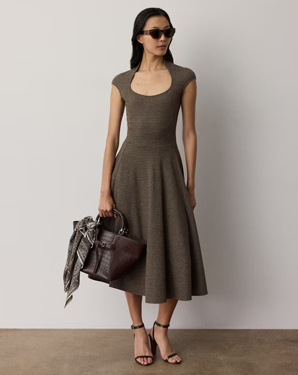 Brown Knit Fit-and-Flare Dress with Strappy Sandals Brown Knit Fit-and-Flare Dress with Strappy Sandals — Bid Day Outfits 2027