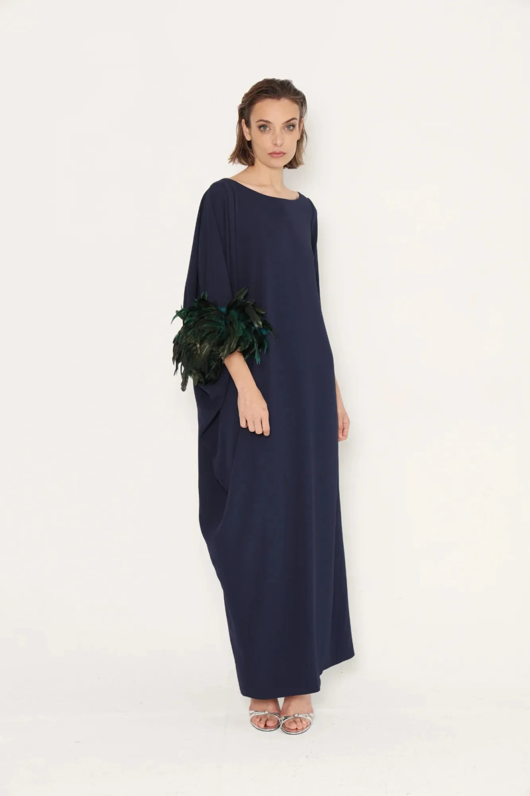 Navy Kaftan Dress with Feather Embellishment Navy Kaftan Dress with Feather Embellishment — Summer Outfits 2027 for Women Over 50