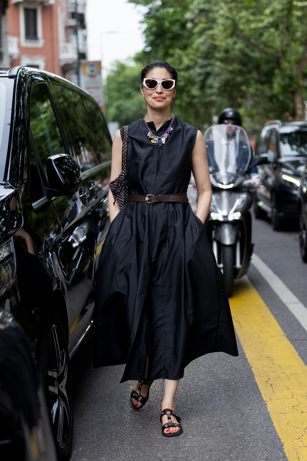 Black Fit-and-Flare Midi Dress with Statement Necklace Black Fit-and-Flare Midi Dress with Statement Necklace — Italy Summer Outfits 2027