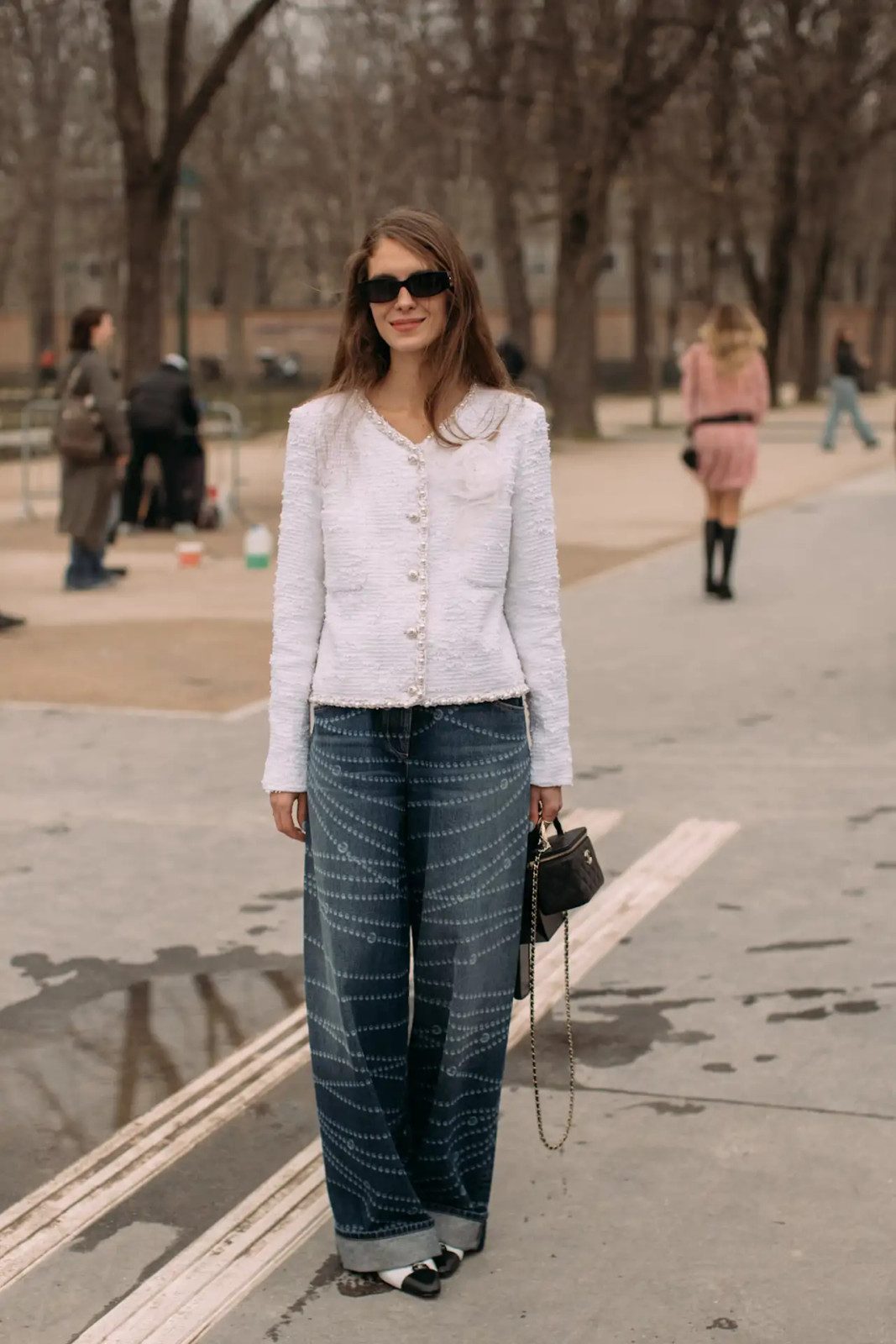 Textured Tweed Jacket and Patterned Shoes with Blue Jeans — Wide Leg Jeans Outfits 2027