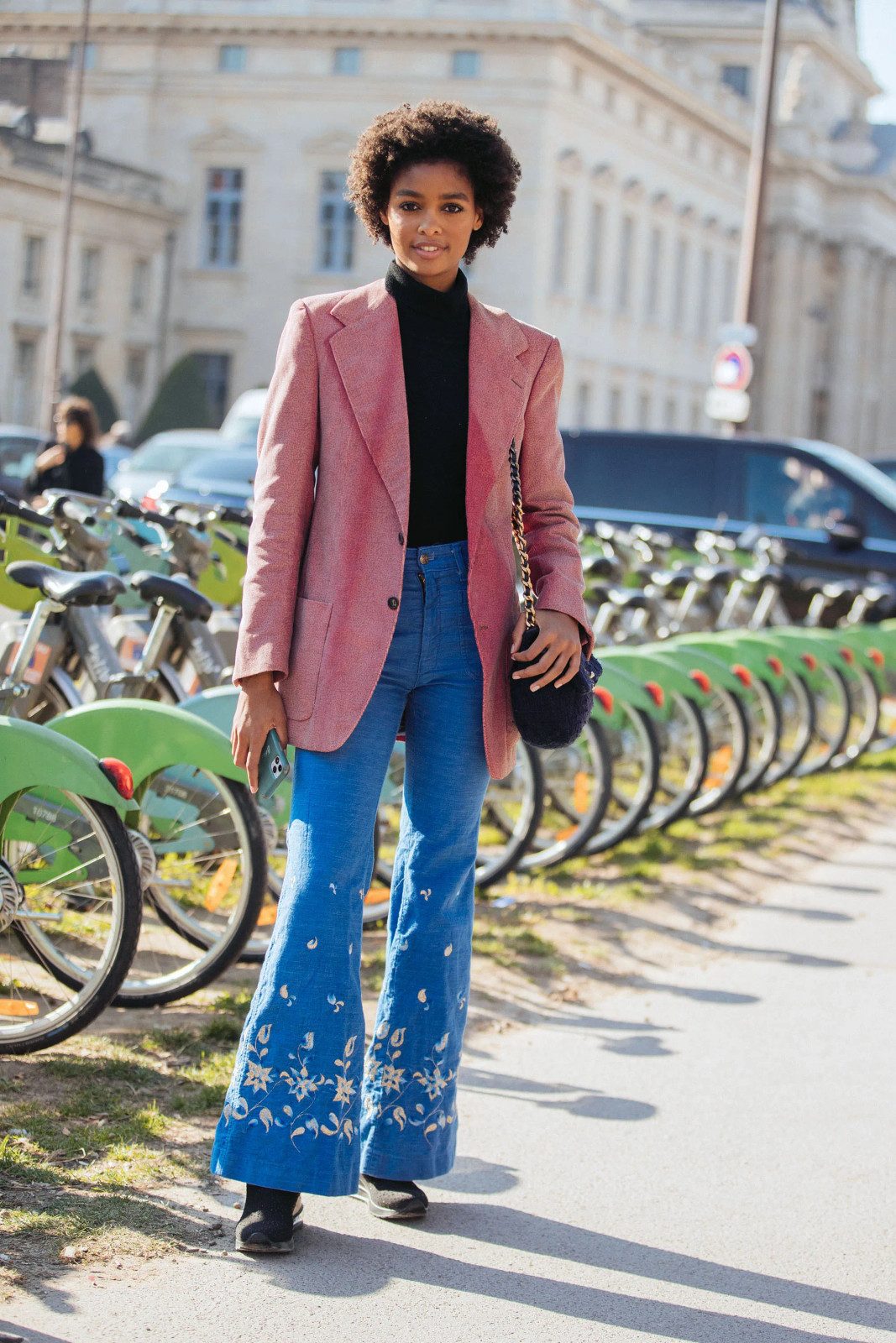 Textured Pink Blazer and Embroidered Bell Bottoms — Wide Leg Jeans Outfits 2027