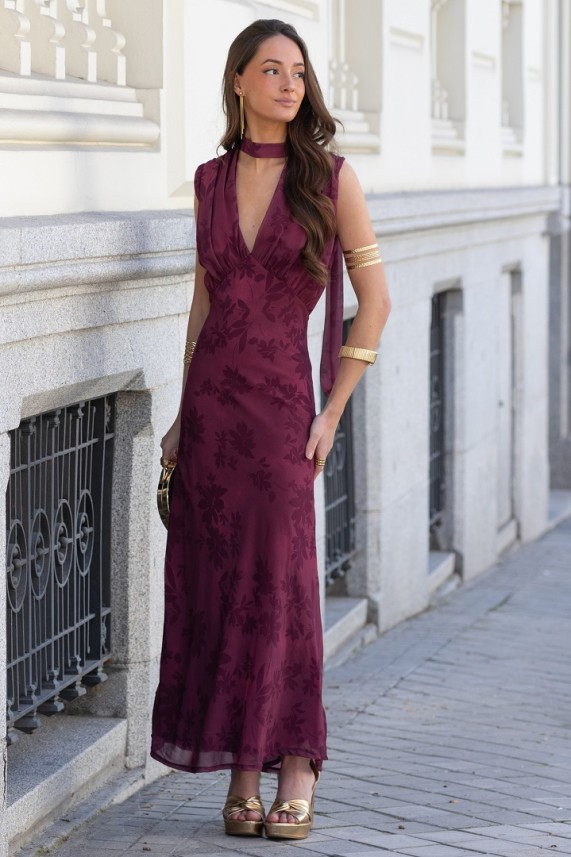 Burgundy Jacquard: Draped Dress with Gold Accessories — Holiday Party Outfits 2026