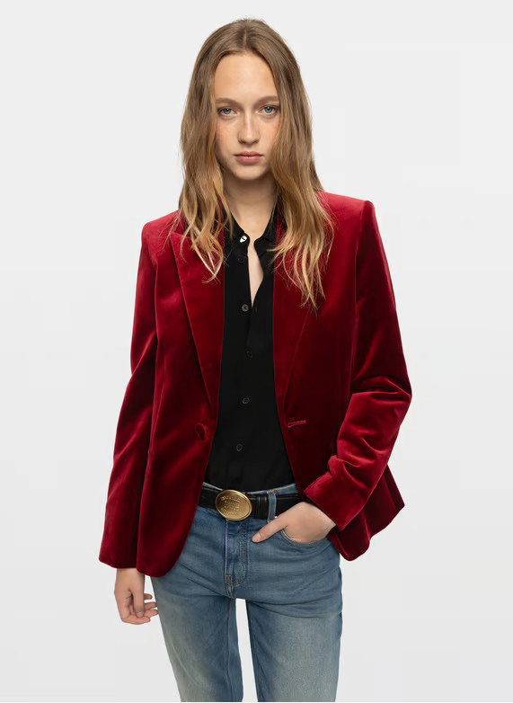 Red Velvet Blazer with Black Shirt and Blue Jeans — Fitted Blazer Outfits 2027