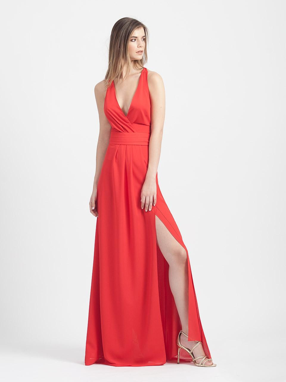 Red Crepe Maxi Dress with Deep V-Neckline and High Slit Red Crepe Maxi Dress with Deep V-Neckline and High Slit — Red Prom Dresses 2027