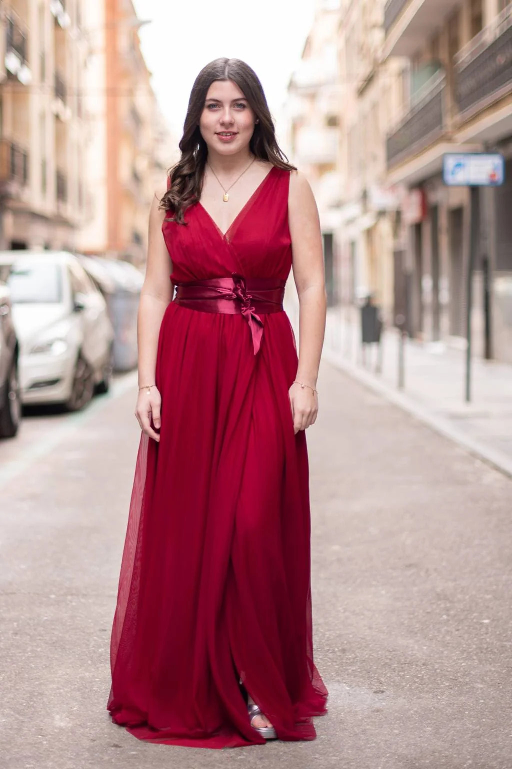 Flowing Red Tulle Dress with Sash Detail and V-Neckline Flowing Red Tulle Dress with Sash Detail and V-Neckline — Red Prom Dresses 2027