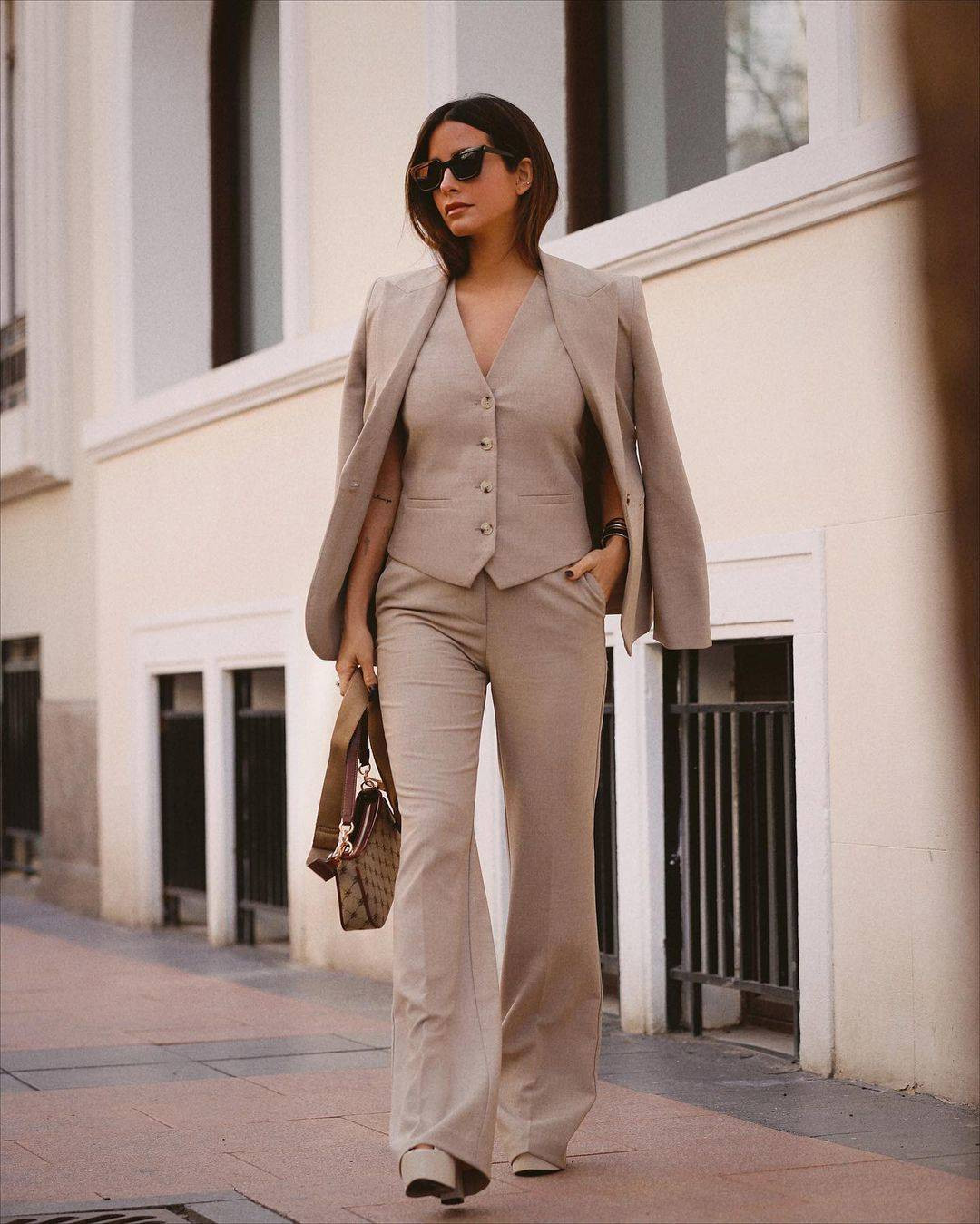 Beige Wool Suit with Waistcoat and Wide-Leg Trousers Beige Wool Suit with Waistcoat and Wide-Leg Trousers — Easter Church Outfits 2027