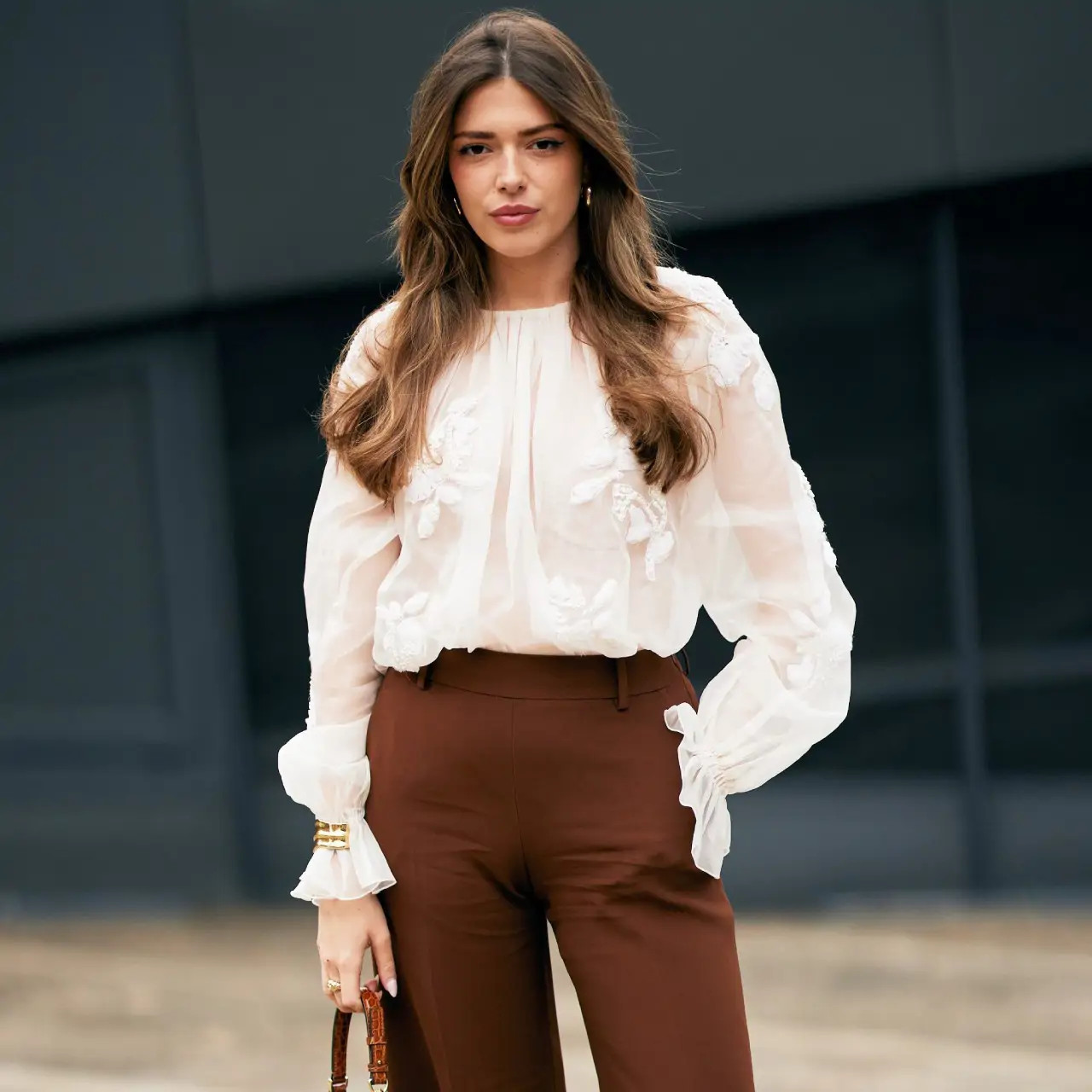 Sheer Ivory Organza Blouse with Floral Appliqués and Brown Trousers Sheer Ivory Organza Blouse with Floral Appliqués and Brown Trousers — Easter Church Outfits 2027