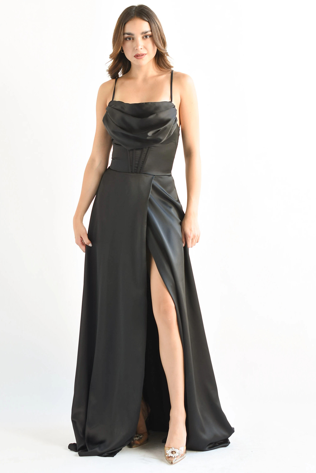 Classic Black Satin Corset Prom Dress with Dramatic High Slit Classic Black Satin Corset Prom Dress with Dramatic High Slit — Corset Prom Dresses 2027