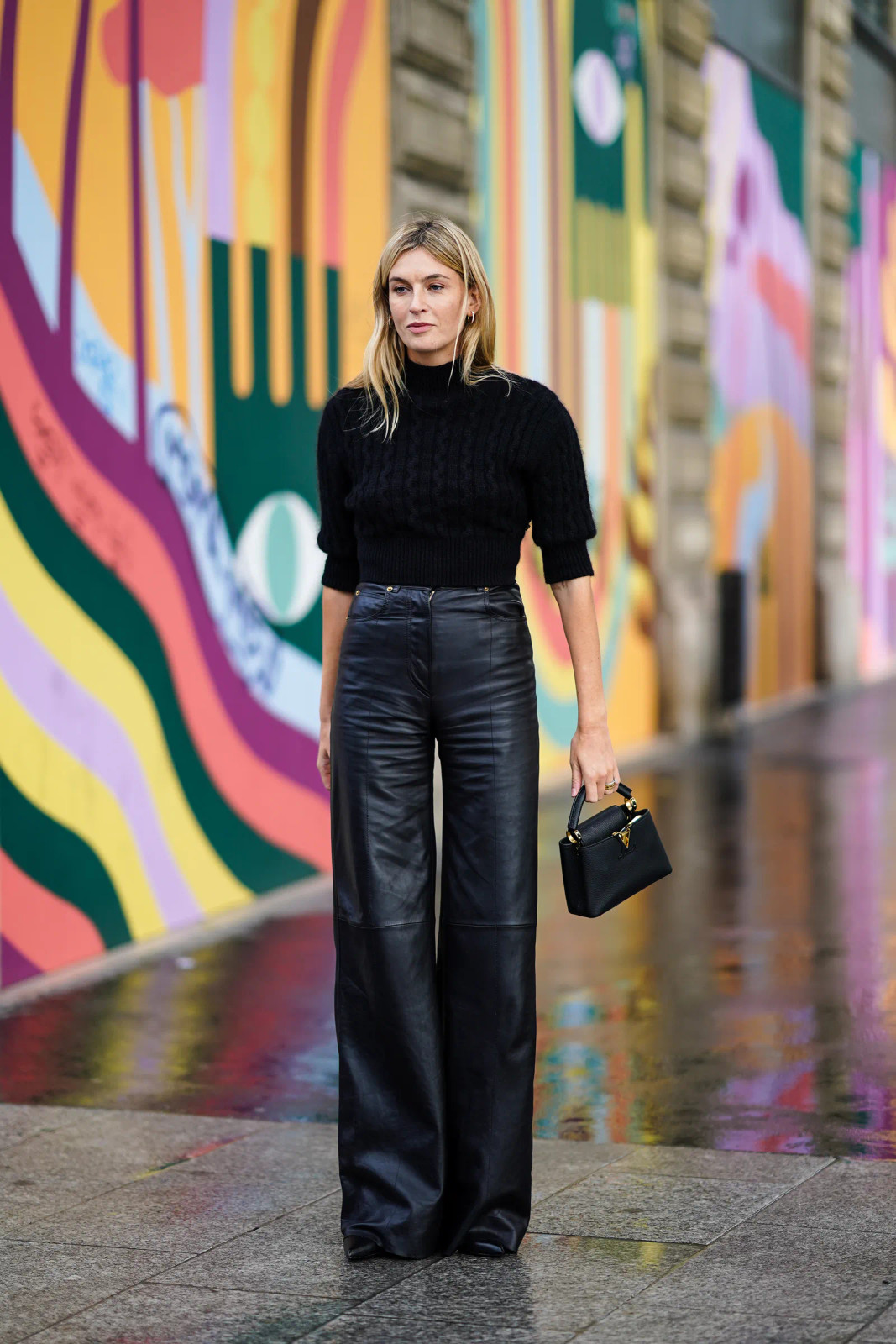 Modern Edge: Black Leather Trousers with Knit Sweater and Heeled Boots Modern Edge: Black Leather Trousers with Knit Sweater and Heeled Boots — Flare Leggings Outfits 2027