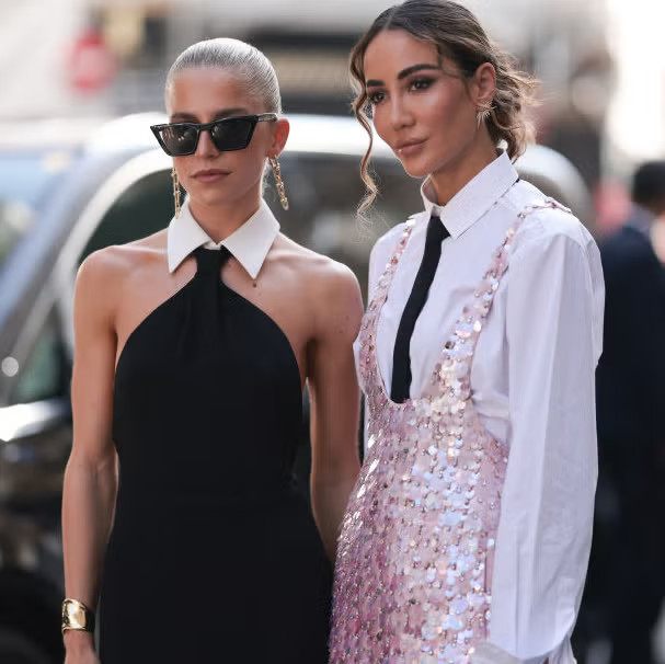 Pink Sequined Dress Layered Over a Collared Shirt and Tie — Cocktail Party Outfits 2027