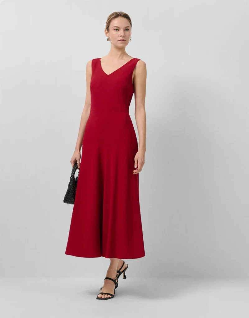 Red A-Line Midi Dress with V-Neck and Black Sandals — Cocktail Party Outfits 2027