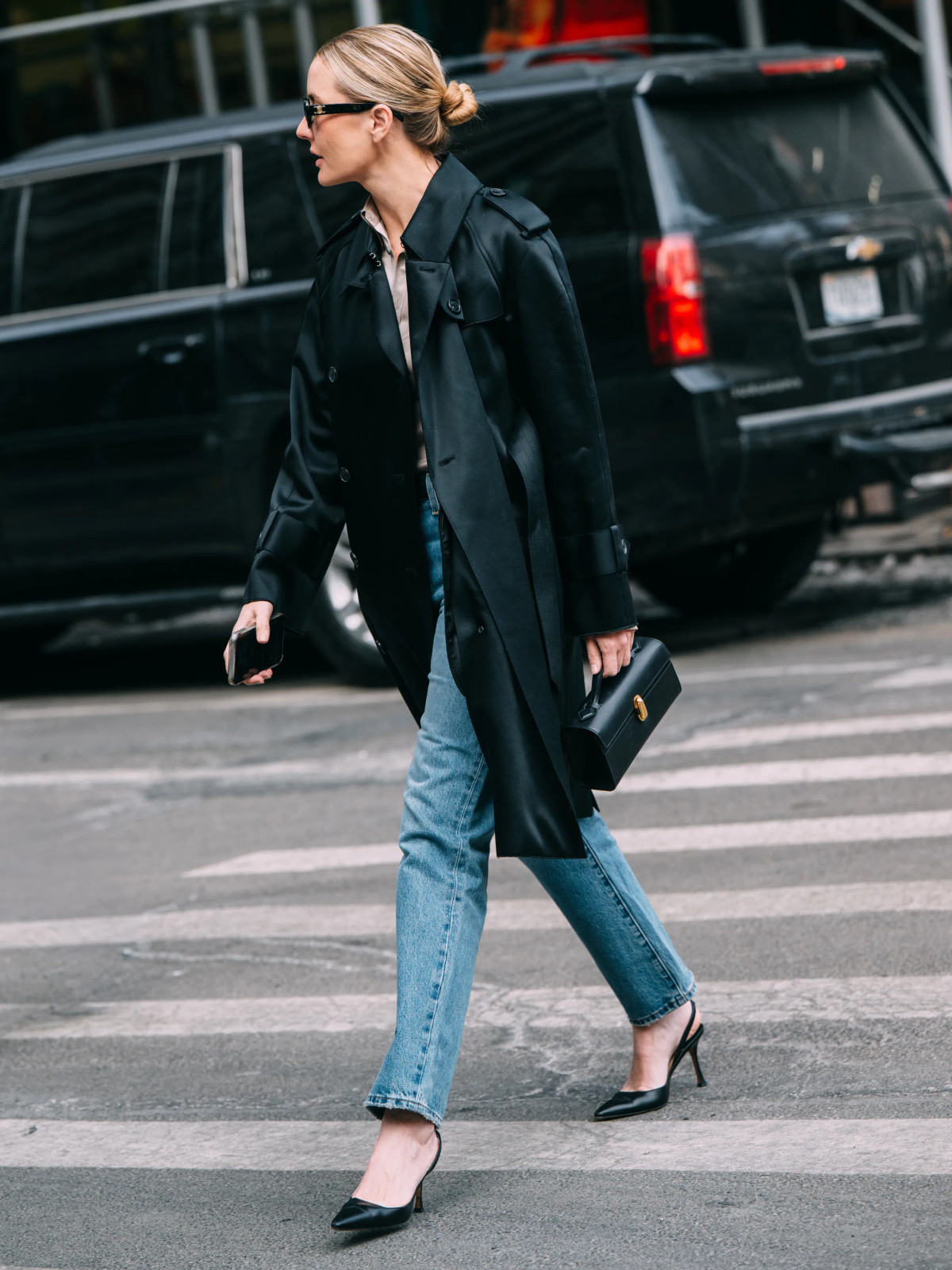 Sleek Trench: Black Satin Coat and Straight-Leg Jeans — Spring Capsule Wardrobe 2027