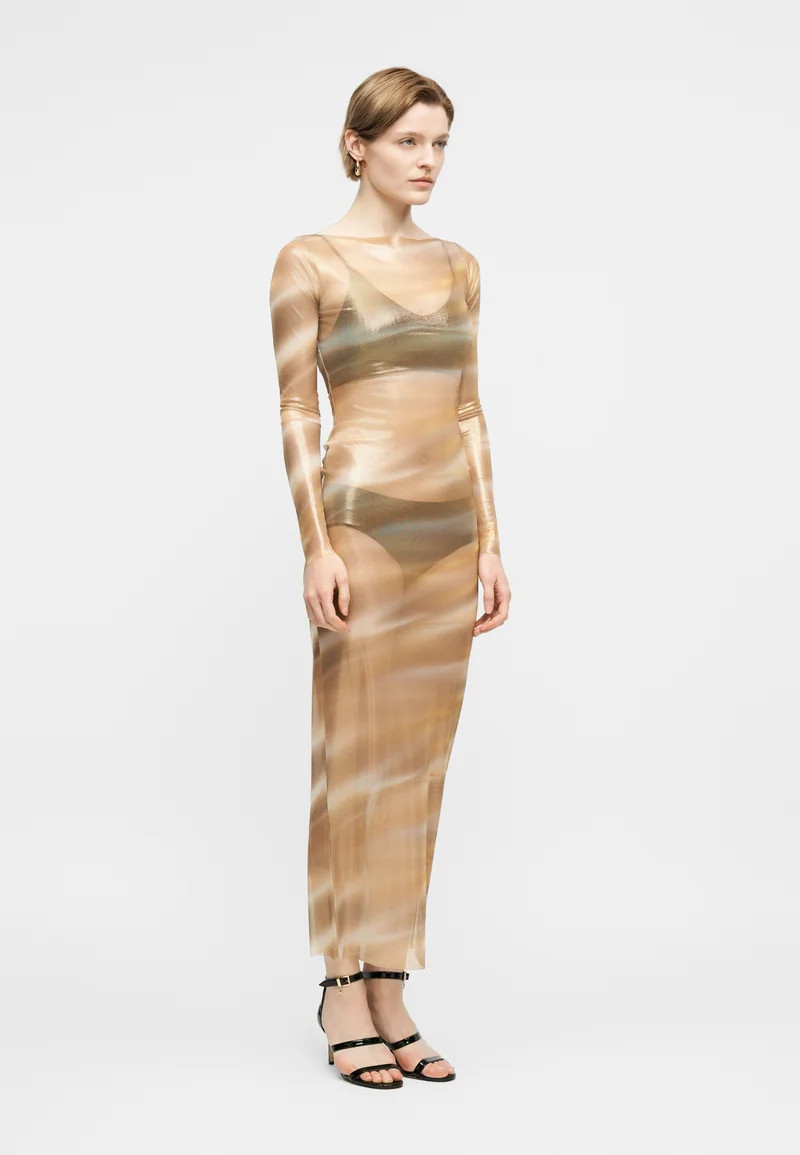 Sheer Gold Dress with Abstract Print and Black Accents Sheer Gold Dress with Abstract Print and Black Accents — Gold Dress Outfits 2027