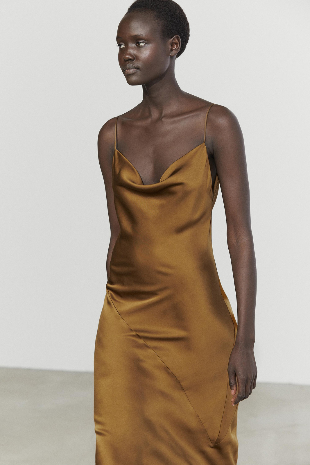Bronze-Gold Satin Slip Dress with Cowl Neckline Bronze-Gold Satin Slip Dress with Cowl Neckline — Gold Dress Outfits 2027
