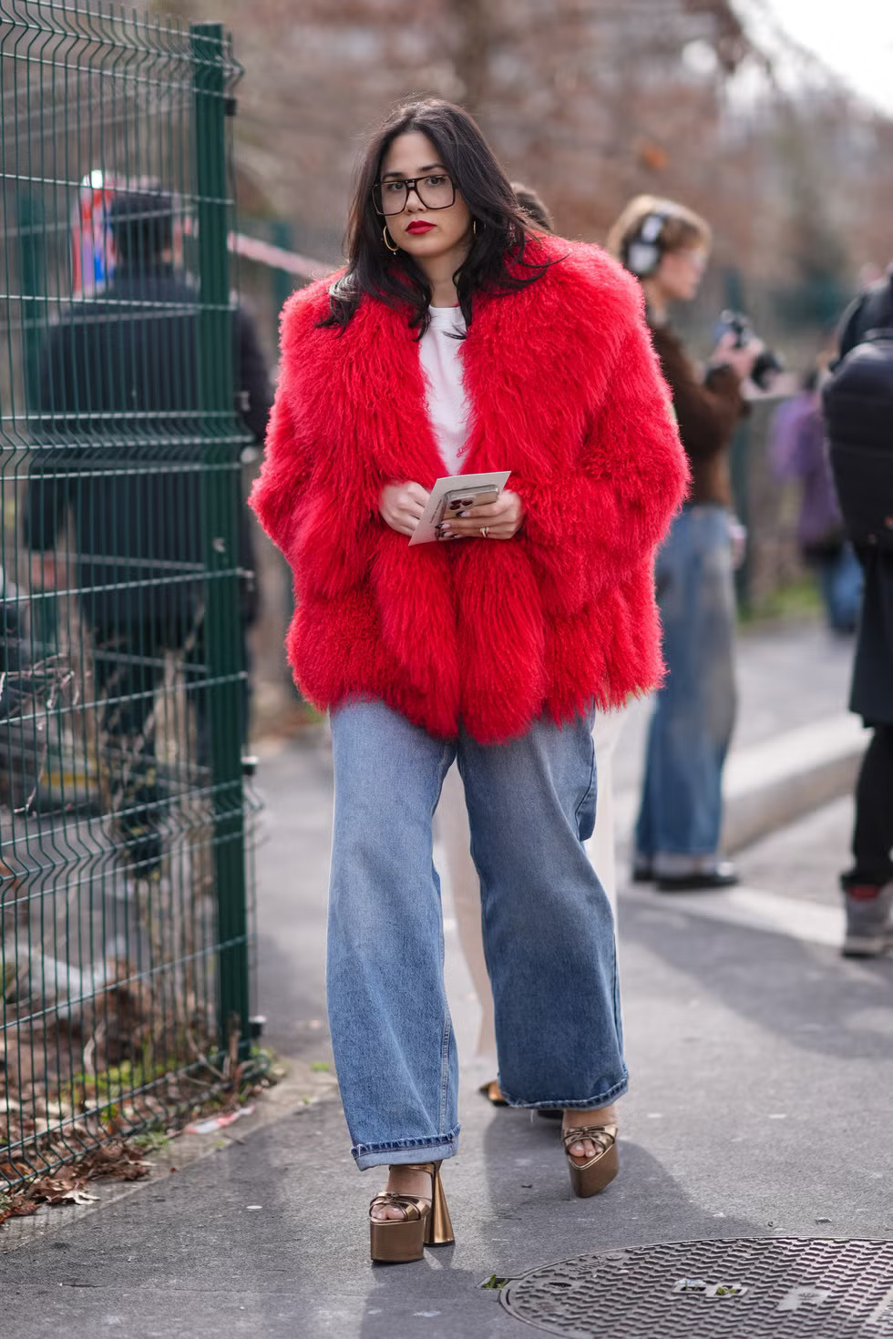 Vibrant Red Faux Fur Coat with Platform Heels Vibrant Red Faux Fur Coat with Platform Heels — Faux Fur Outfits 2027