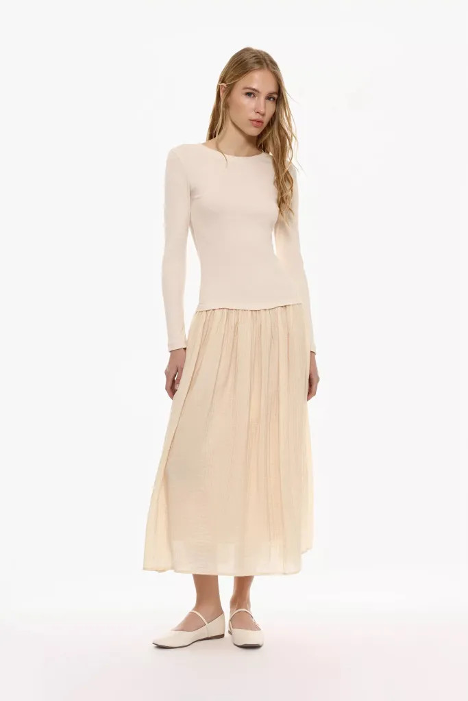 Ribbed Knit Top and Pleated Midi Skirt Ensemble Ribbed Knit Top and Pleated Midi Skirt Ensemble — Balletcore Outfits 2027