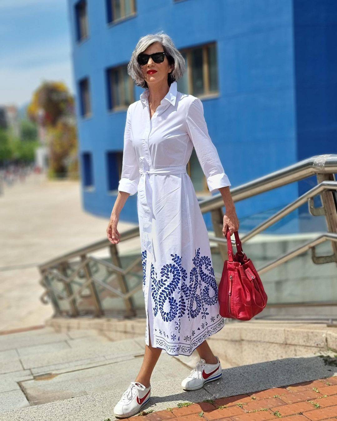Blue Floral Print Long-Sleeve Shirt Sundress with Red Handbag Blue Floral Print Long-Sleeve Shirt Sundress with Red Handbag — Sundress Outfits 2027