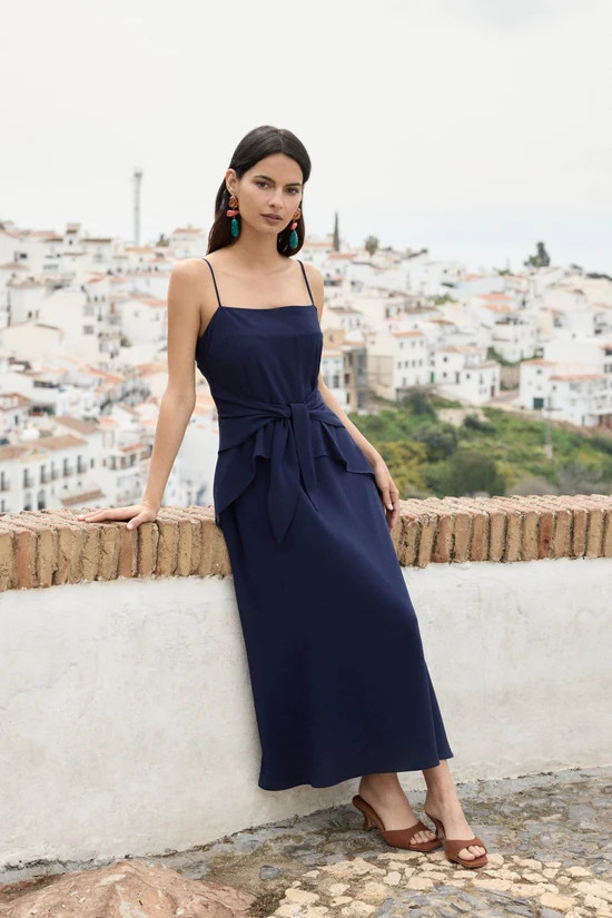 Navy Blue Textured Midi Sundress with Teal Earrings Navy Blue Textured Midi Sundress with Teal Earrings — Sundress Outfits 2027