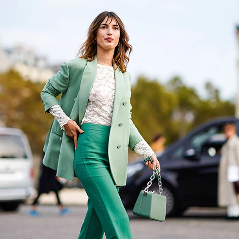 Mint Green Flare Pants and Blazer with White Lace Top Mint Green Flare Pants and Blazer with White Lace Top — Skinny Flare Pants Outfits 2027