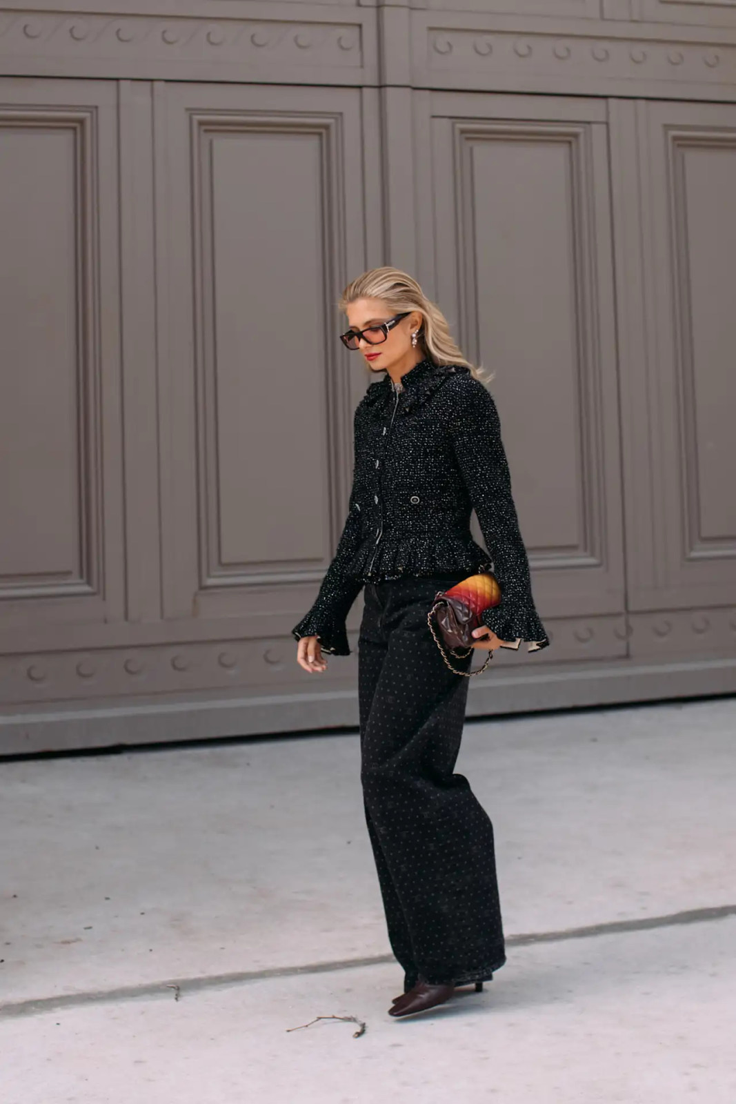 Black Patterned Wide-Leg Pants with Textured Jacket and Clutch Black Patterned Wide-Leg Pants with Textured Jacket and Clutch — Skinny Flare Pants Outfits 2027
