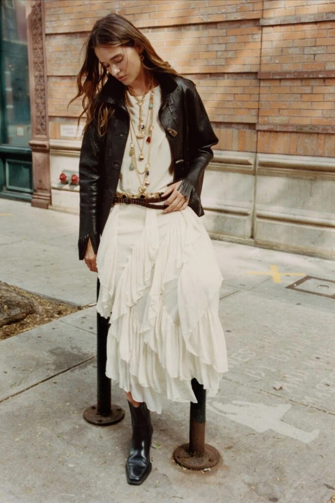 Ruffled Cream Dress with Leather Jacket and Square Boots Ruffled Cream Dress with Leather Jacket and Square Boots — Poetcore Outfits 2027