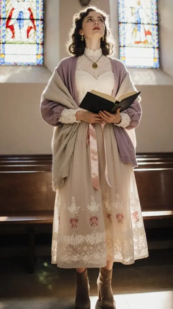 Lace-Trimmed Dress with Cardigan and Ribbon Lace-Trimmed Dress with Cardigan and Ribbon — Poetcore Outfits 2027