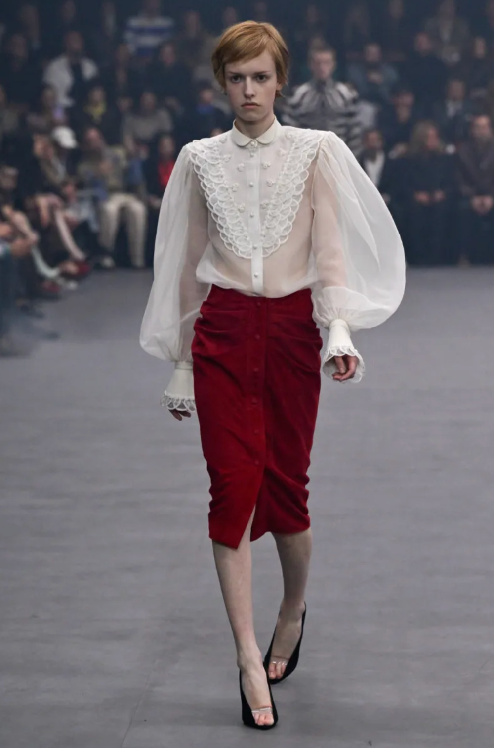Ruffled Blouse with Red Midi Skirt and Pointed Heels Ruffled Blouse with Red Midi Skirt and Pointed Heels — Poetcore Outfits 2027