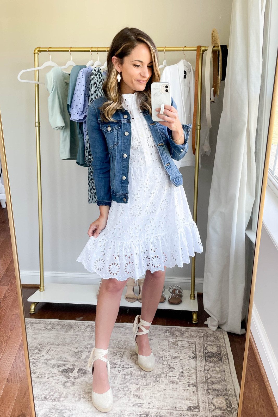 Denim Jacket Layered Over a Fit-and-Flare Eyelet Dress Denim Jacket Layered Over a Fit-and-Flare Eyelet Dress — Outfits 2027 for Short Women