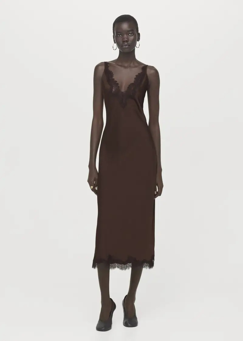 Chic Evening: Dark Brown Lace Slip Dress with Black Heels Chic Evening: Dark Brown Lace Slip Dress with Black Heels — Slip Dresses 2027