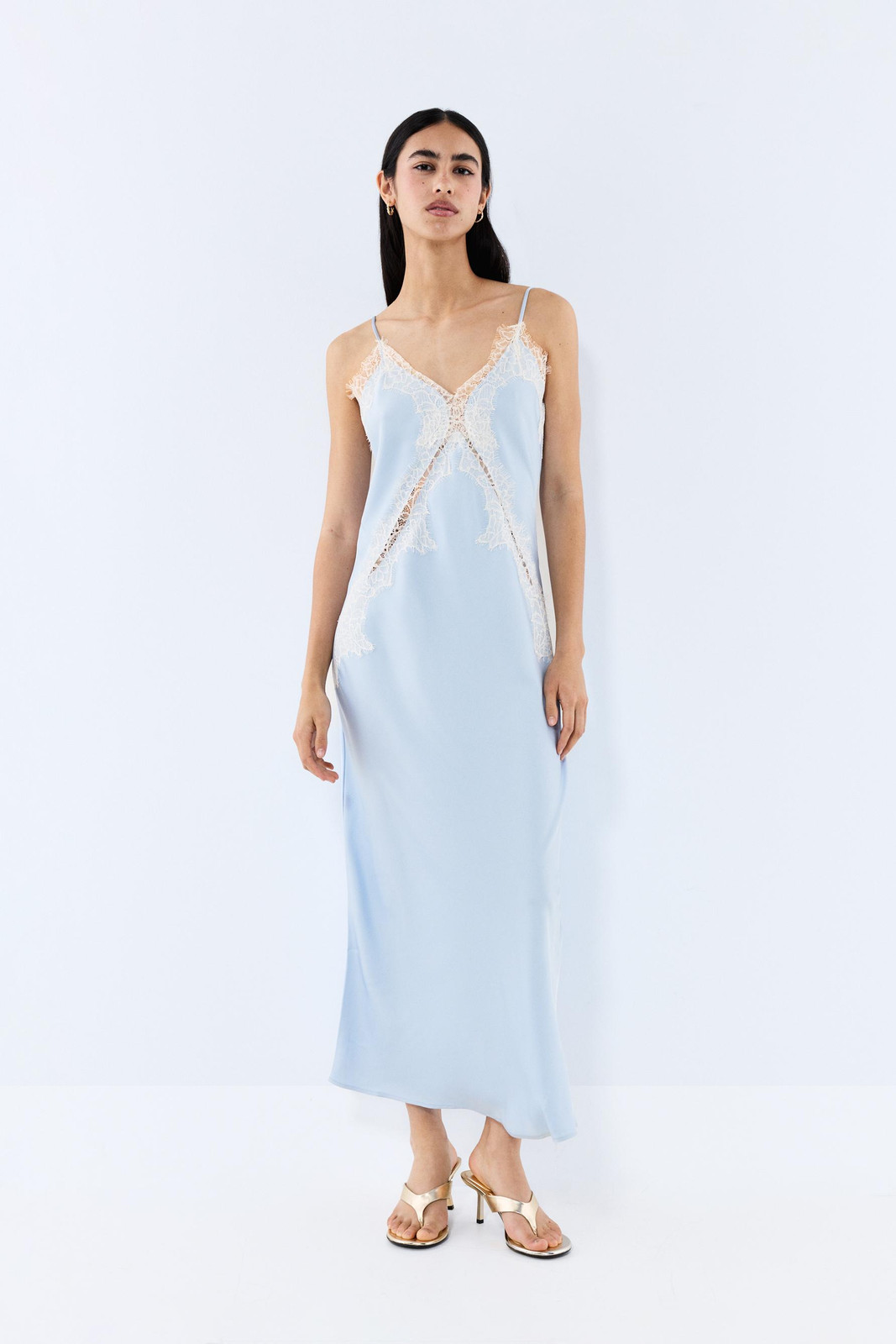 Pale Blue Slip Dress with Lace Detail and Gold Heeled Sandals Pale Blue Slip Dress with Lace Detail and Gold Heeled Sandals — Slip Dresses 2027