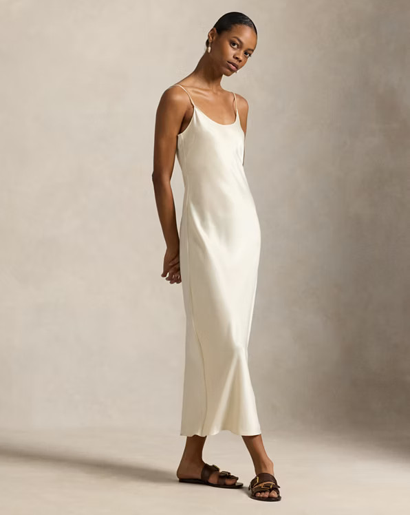 Classic Ivory Slip Dress with V-Neck and Brown Leather Slides Classic Ivory Slip Dress with V-Neck and Brown Leather Slides — Slip Dresses 2027