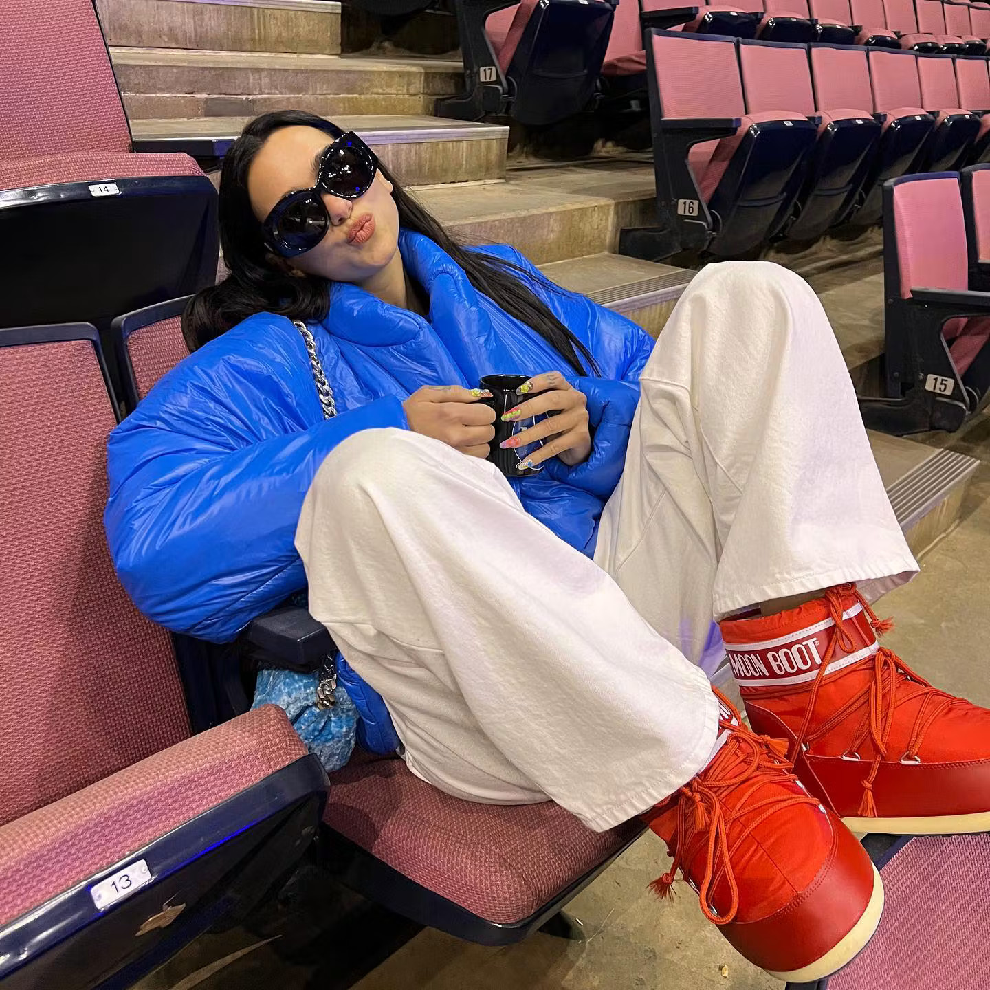 Red Moon Boots with White Wide-Leg Pants and Blue Puffer Red Moon Boots with White Wide-Leg Pants and Blue Puffer — Moon Boots Outfits 2027
