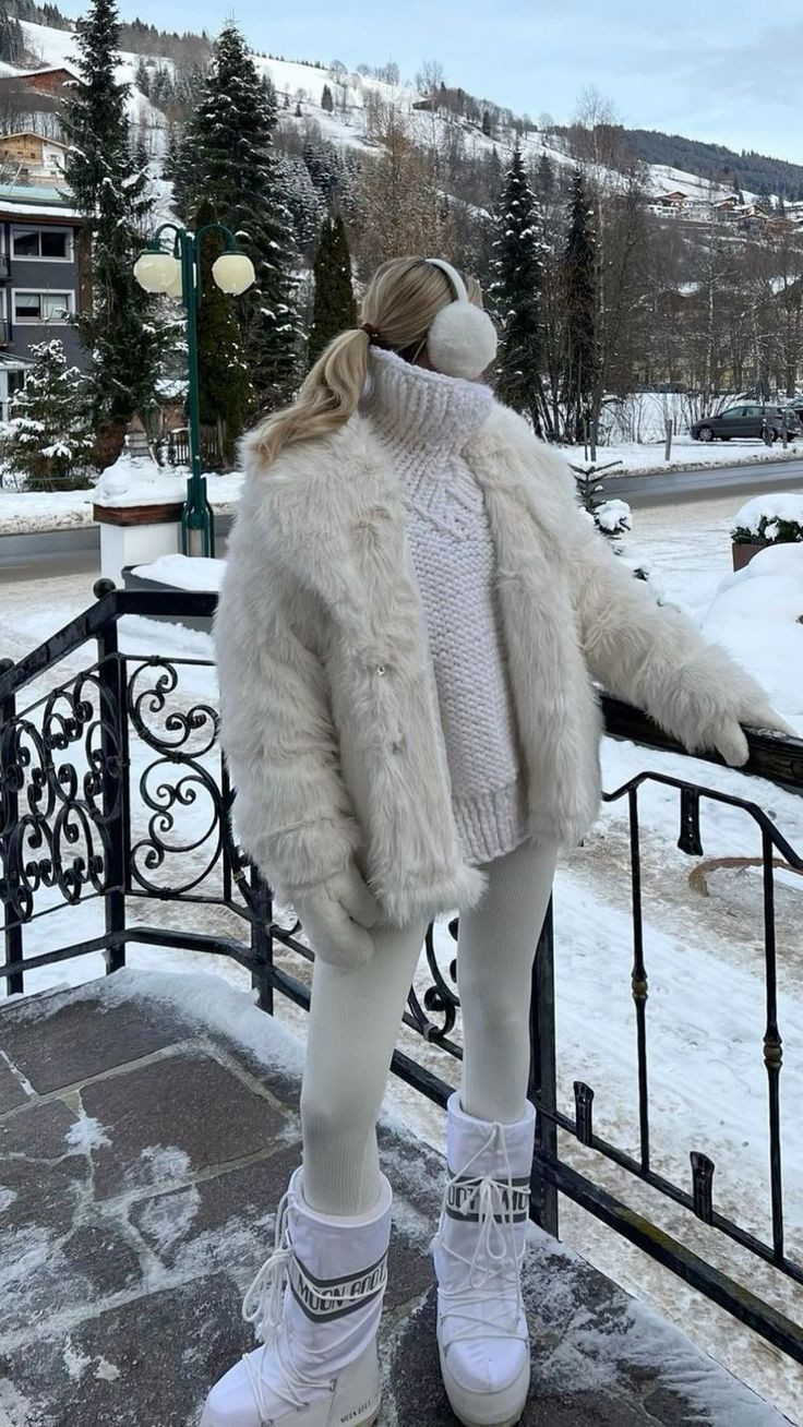 White Faux Fur Jacket and Moon Boots at a Ski Resort White Faux Fur Jacket and Moon Boots at a Ski Resort — Moon Boots Outfits 2027