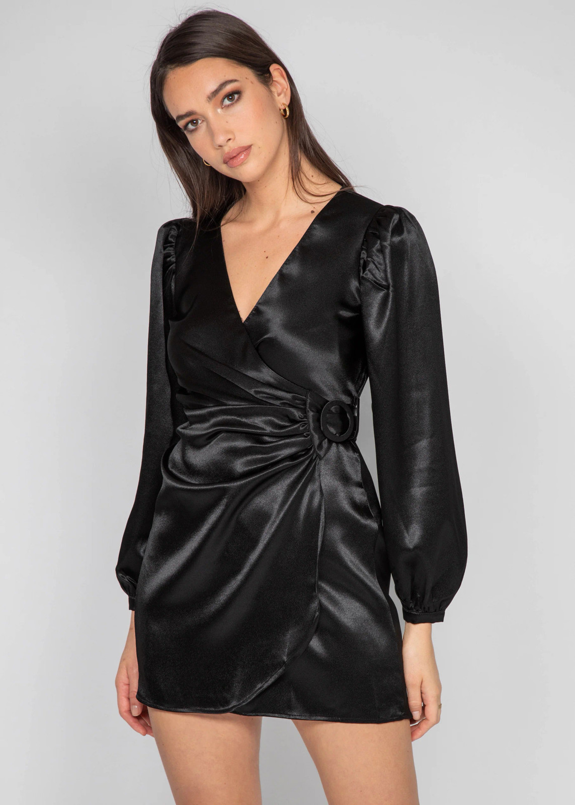 Casual Sophistication: Black Satin Wrap Dress with Buckle Detail Casual Sophistication: Black Satin Wrap Dress with Buckle Detail — Satin Dresses 2027