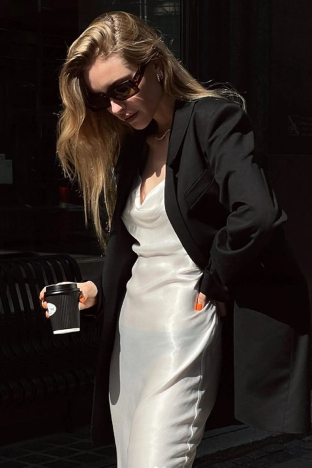 Polished Professional: Ivory Satin Slip Dress Under Black Blazer Polished Professional: Ivory Satin Slip Dress Under Black Blazer — Satin Dresses 2027