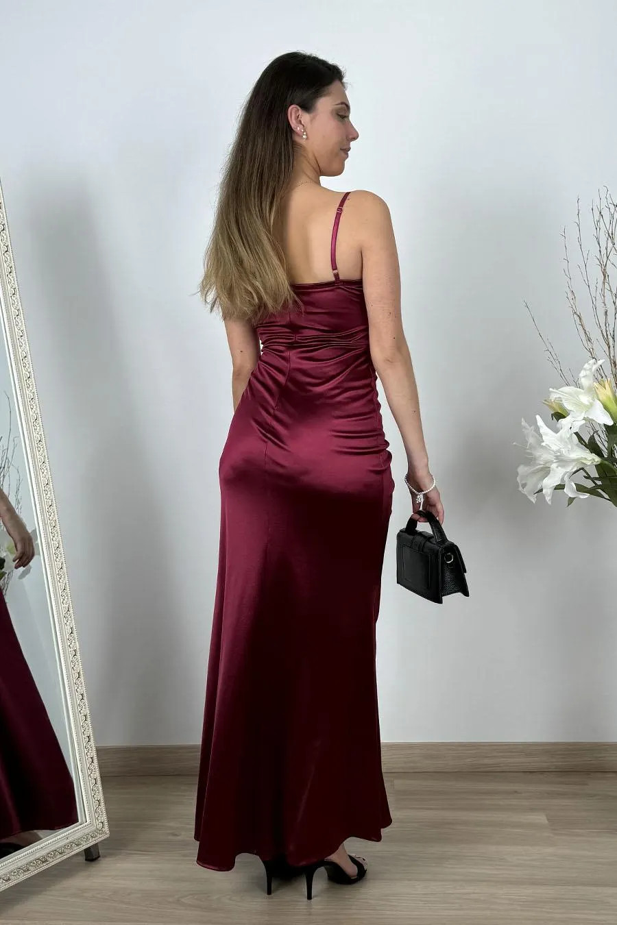 Evening Radiance: Burgundy Satin Maxi Dress with Ruched Bodice Evening Radiance: Burgundy Satin Maxi Dress with Ruched Bodice — Satin Dresses 2027
