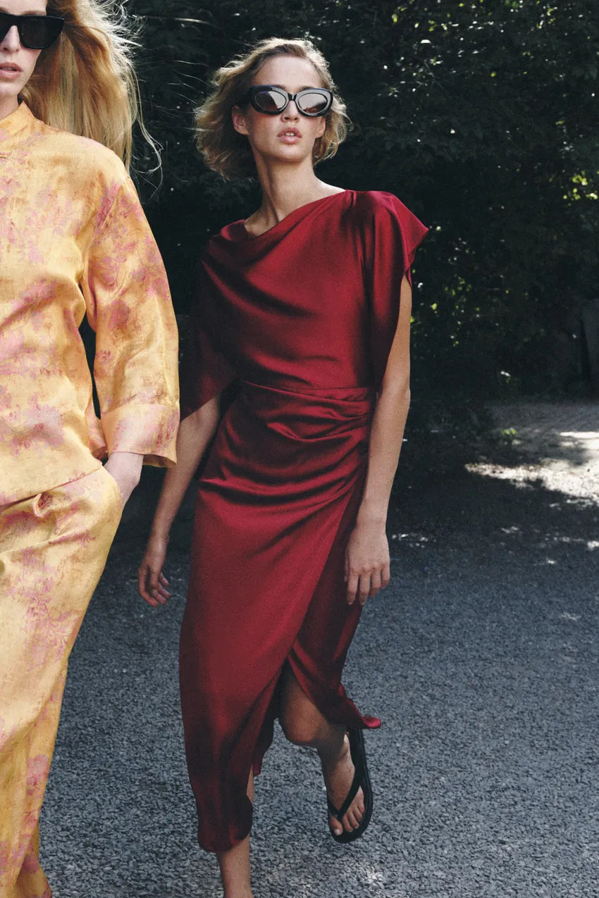 Draped Allure: Red Asymmetrical Satin Dress with Sunglasses Satin Dresses 2027