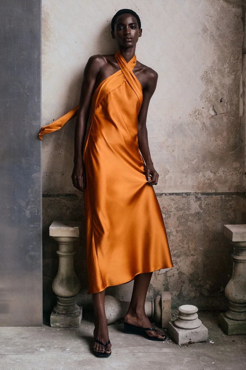 Vibrant Halter Style: Orange Satin Midi Dress Vibrant Halter Style: Orange Satin Midi Dress — Satin Dresses 2027