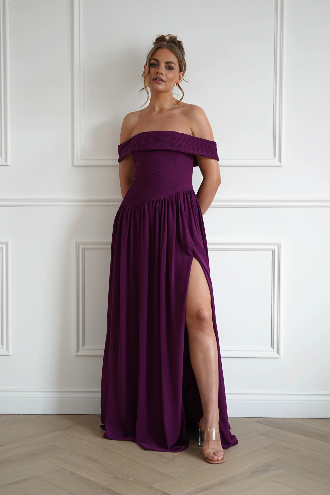 Elegant Deep Purple Off-the-Shoulder Gown with High Slit Elegant Deep Purple Off-the-Shoulder Gown with High Slit — Off the Shoulder Dresses 2027