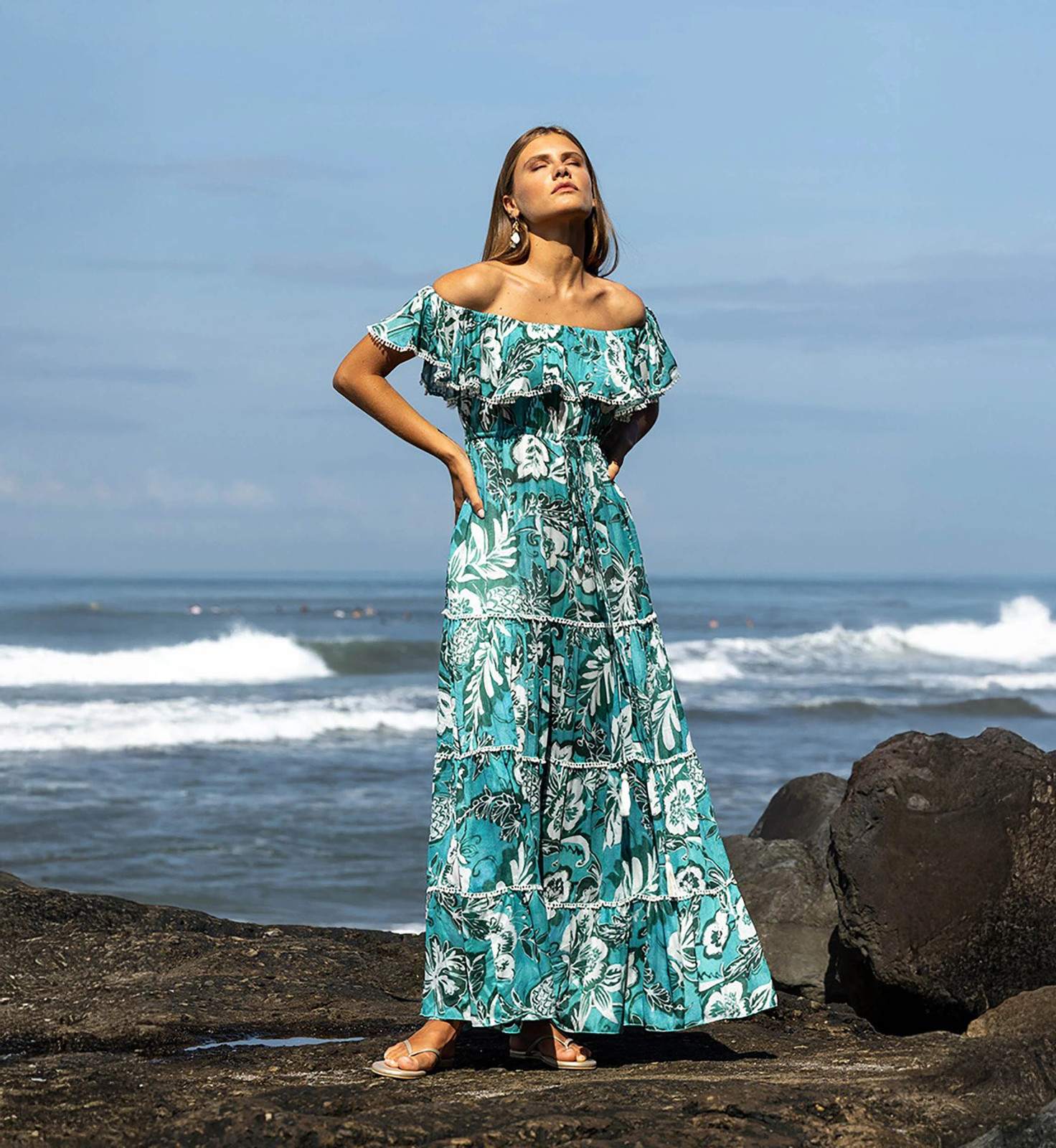 Teal and White Floral Maxi Dress with Tiered Skirt Teal and White Floral Maxi Dress with Tiered Skirt — Off the Shoulder Dresses 2027