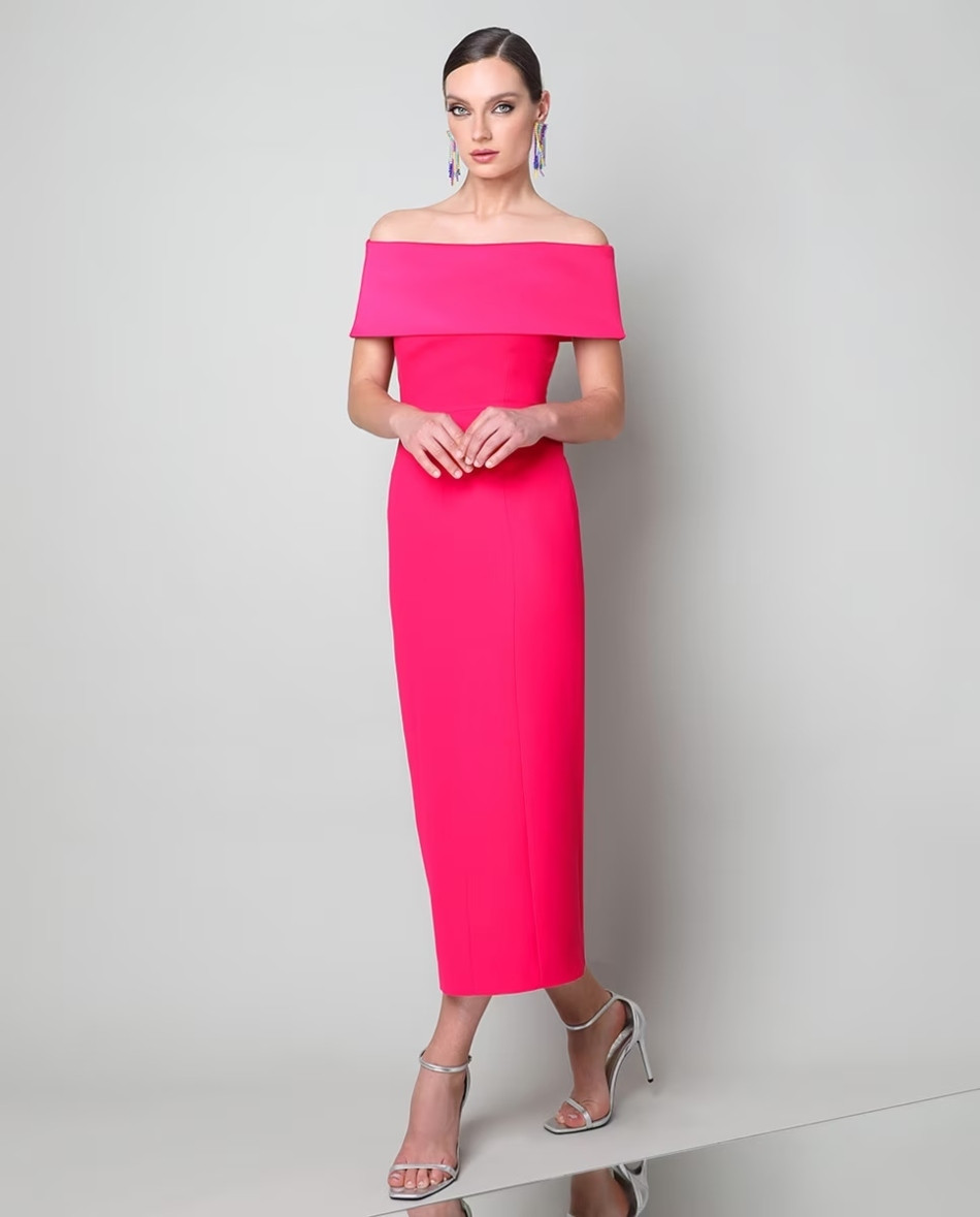 Cocktail Hot Pink Crepe Off-the-Shoulder Midi Dress Cocktail Hot Pink Crepe Off-the-Shoulder Midi Dress — Off the Shoulder Dresses 2027