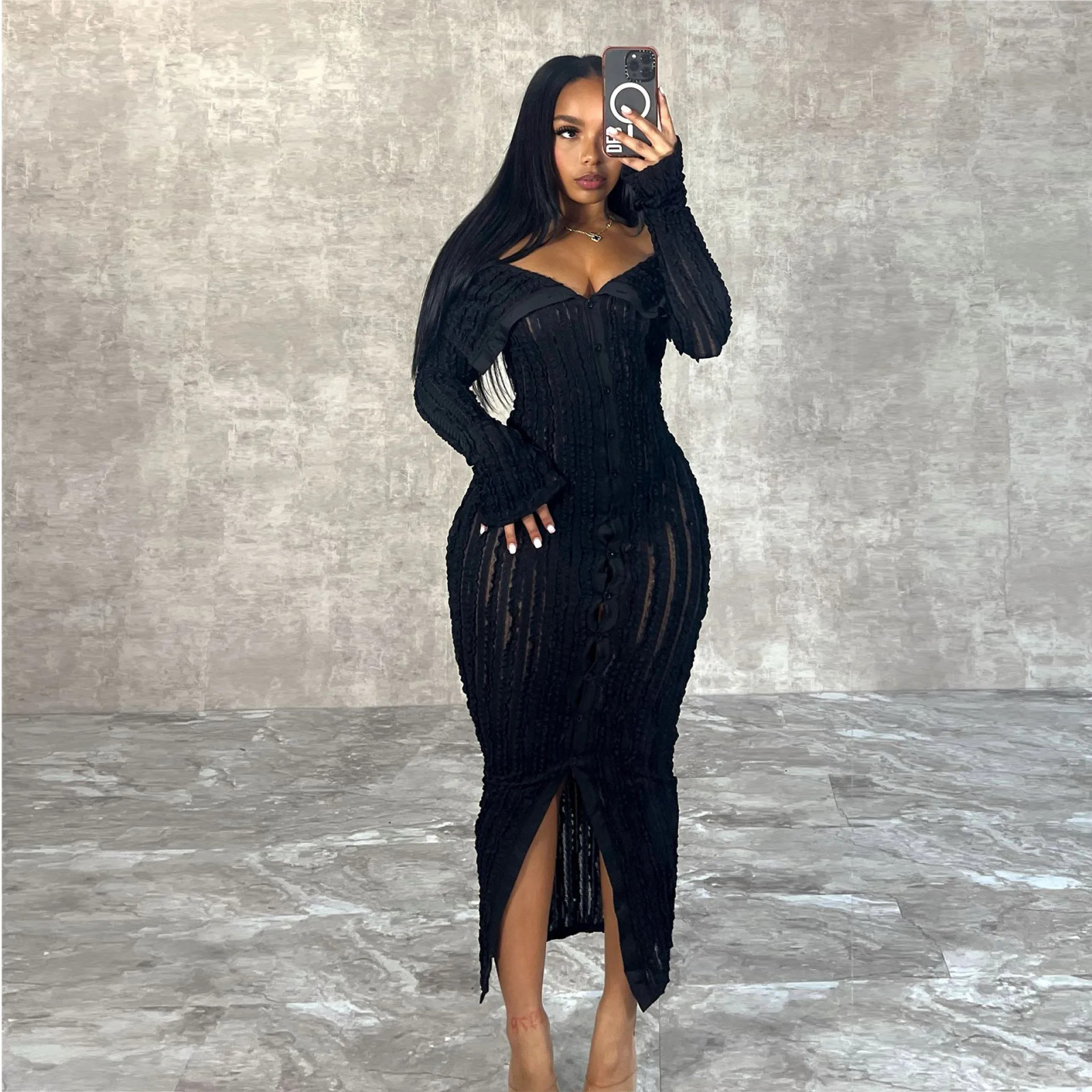 Black Textured Knit Off-the-Shoulder Midi Dress with Slit Black Textured Knit Off-the-Shoulder Midi Dress with Slit — Off the Shoulder Dresses 2027