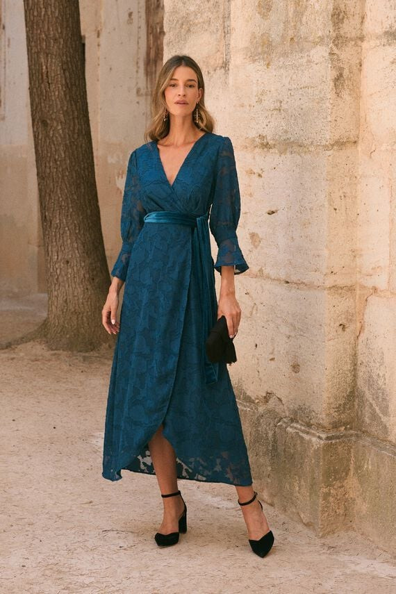 Teal Wrap Dress with Velvet Belt and Sheer Overlay Teal Wrap Dress with Velvet Belt and Sheer Overlay — Going Out Dresses 2027